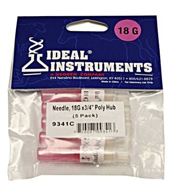 A five-pack of 18 gauge by 3/4 inch poly hub needles in a clear plastic bag.
