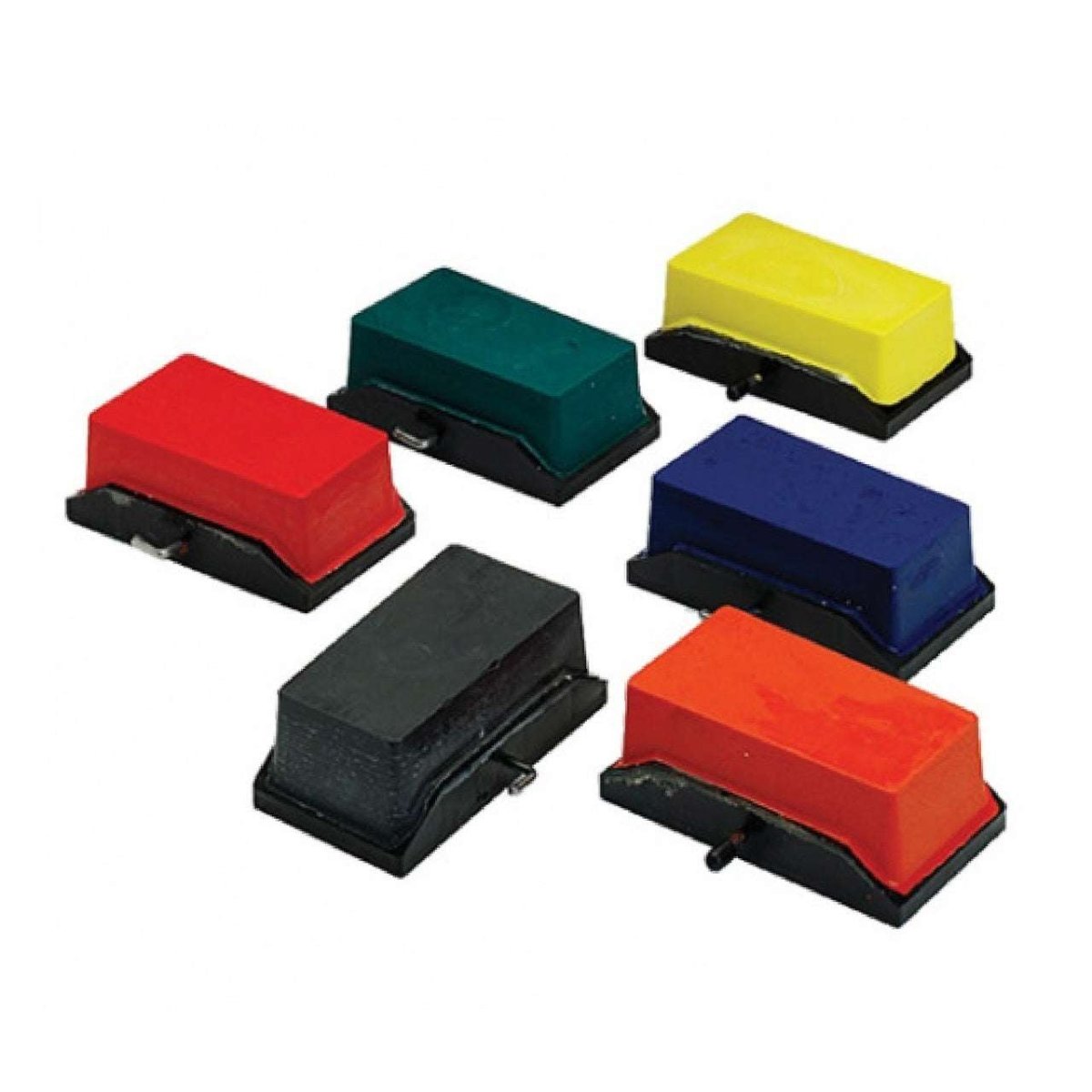 A collection of six rectangular livestock marking crayons in various colors on a white background.