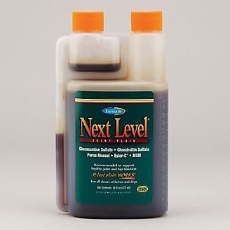 A 16-ounce bottle of Next Level joint fluid supplement for horses and dogs.