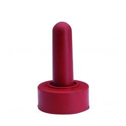 A red rubber snap-on calf nursing nipple with a cylindrical shape.