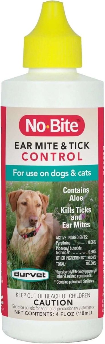 A bottle of No-Bite ear mite and tick control for dogs and cats with a yellow applicator cap.