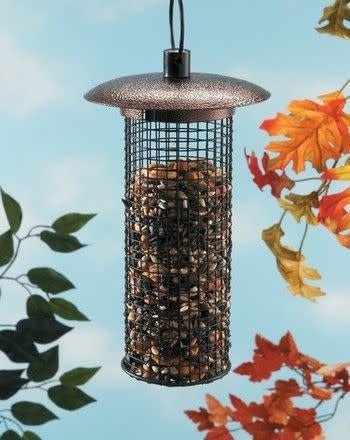 A cylindrical wire mesh bird feeder with a textured bronze-colored metal roof.