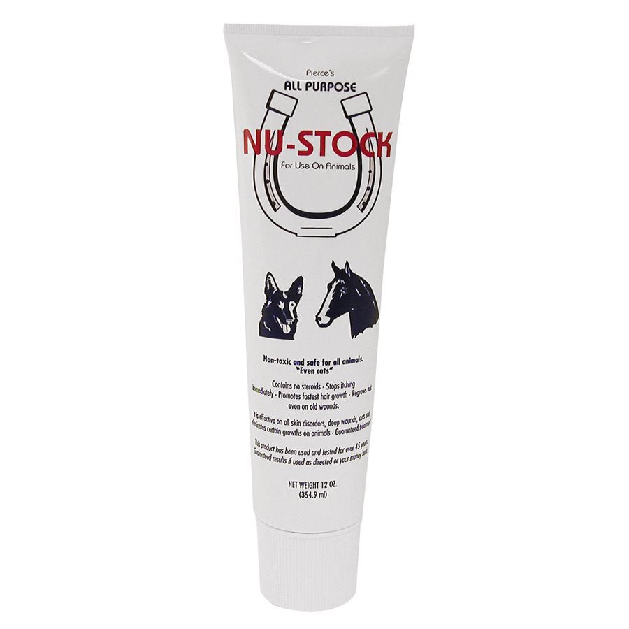 A 12-ounce tube of Nu-Stock all-purpose animal salve featuring a horseshoe logo.