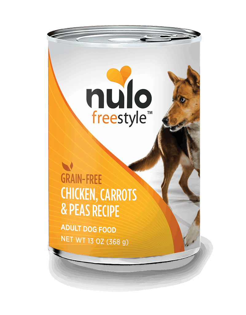A 13-ounce can of Nulo Freestyle grain-free chicken, carrots, and peas adult dog food.