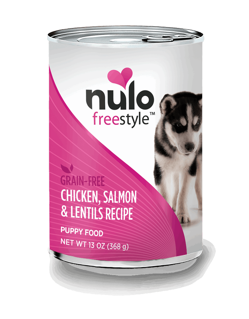 A can of Nulo Freestyle grain-free chicken, salmon, and lentils puppy food.