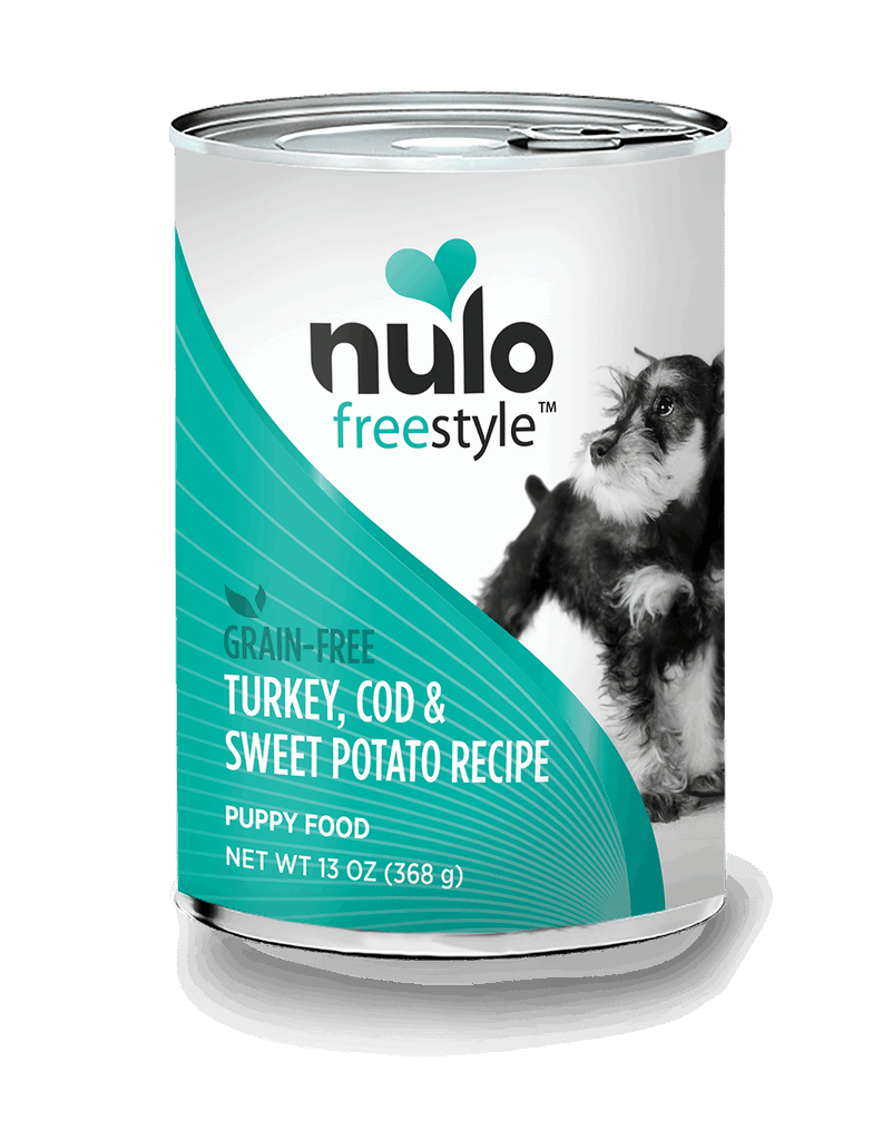A can of Nulo Freestyle grain-free turkey, cod, and sweet potato puppy food.