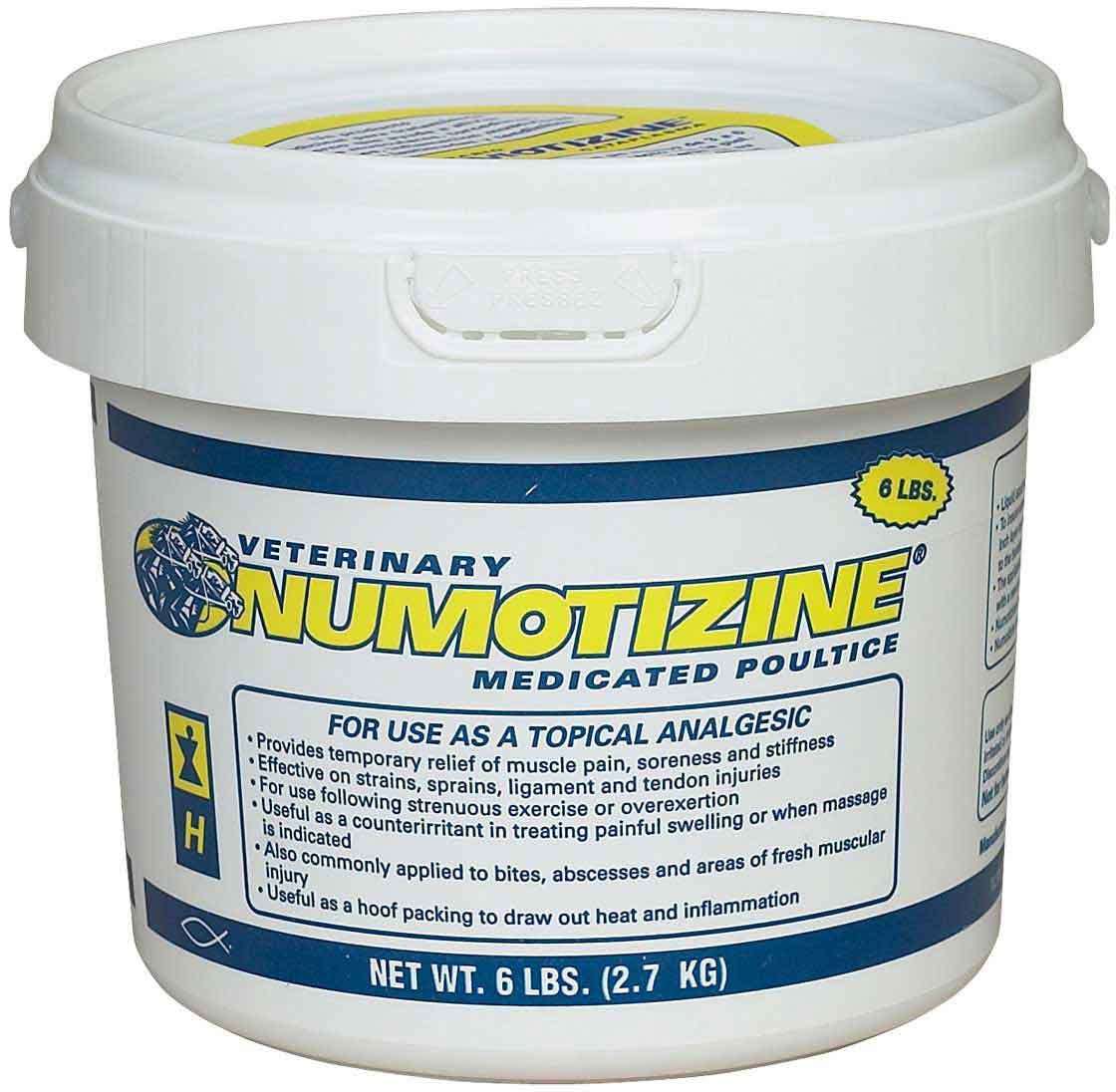 A six-pound white plastic tub of Numotizine medicated poultice for veterinary use.