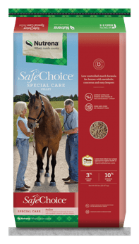 A 50-pound bag of Nutrena SafeChoice Special Care horse feed pellets.