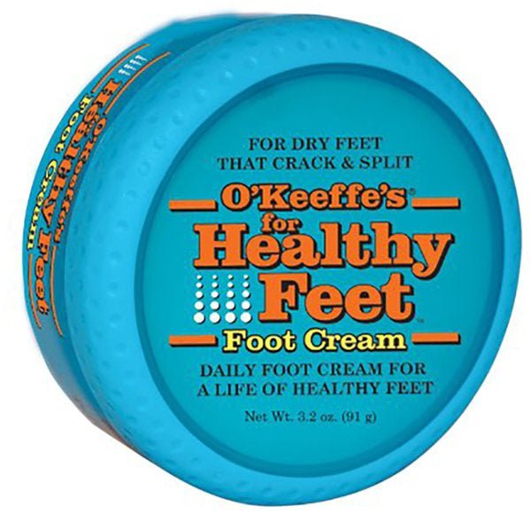 A 3.2 ounce jar of O'Keeffe's Healthy Feet cream with a blue lid and orange text.
