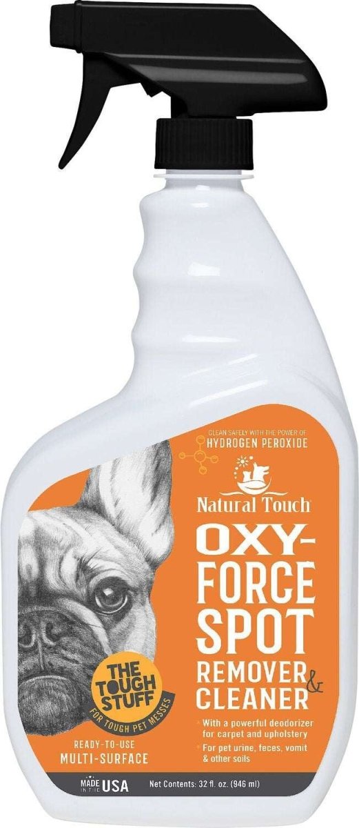 A 32-ounce spray bottle of Natural Touch Oxy-Force spot remover and cleaner.