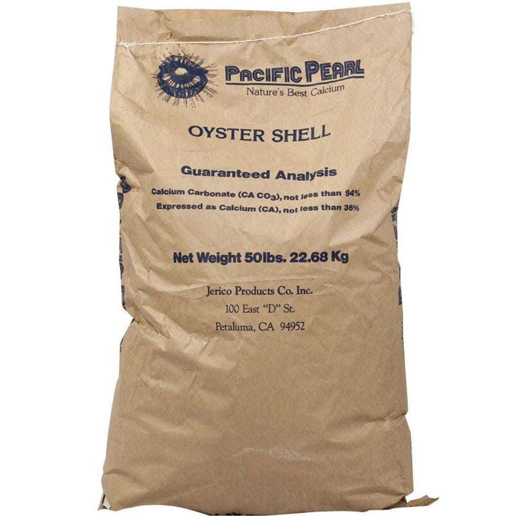 A 50-pound paper bag of Pacific Pearl oyster shell calcium supplement.