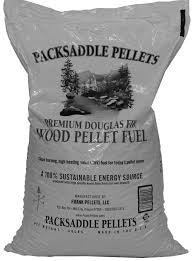 A bag of Packsaddle Wood Pellets featuring a graphic of trees and mountains.