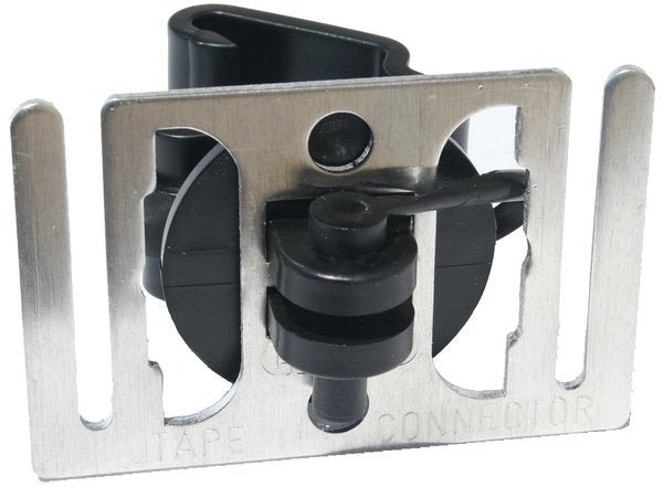 Parmak 1-1/2 inch tape connector with an integrated black T-post insulator.