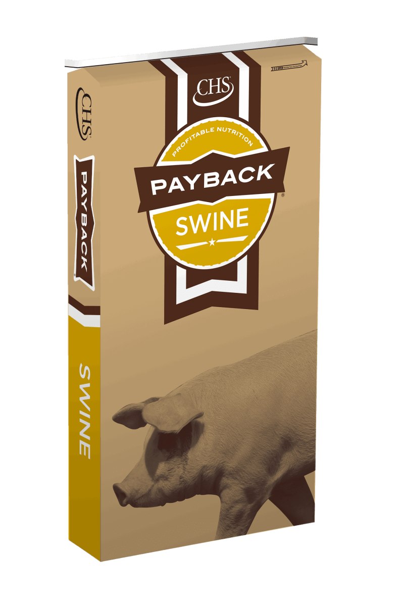 A tan bag of Payback Grolean Finisher swine feed featuring an illustration of a pig.