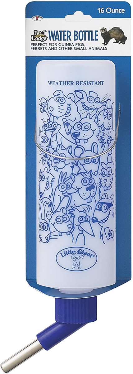 A 16-ounce opaque plastic water bottle for small animals with cartoon graphics and a metal spout.