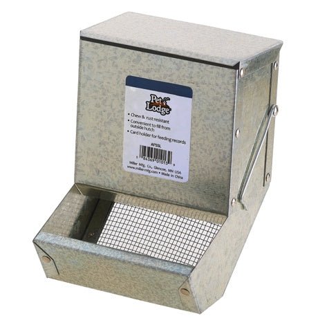 A galvanized steel small animal feeder with a hinged lid and a wire mesh sifter bottom.