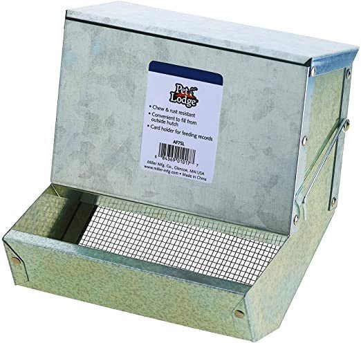 A galvanized steel small animal feeder with a hinged lid and a wire mesh sifter bottom.