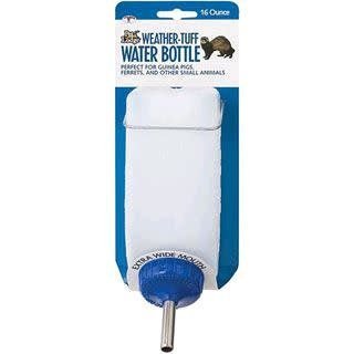 A 16-ounce white plastic water bottle with a blue cap and stainless steel nozzle for small pets.