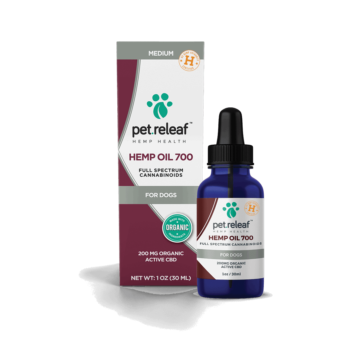 A bottle of Pet Releaf CBD Hemp Oil 700 for medium dogs with its matching product box.