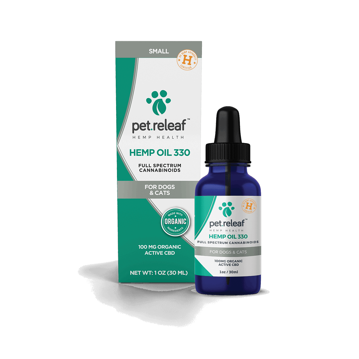 A bottle of Pet Releaf Hemp Oil 330 with its matching box for dogs and cats.