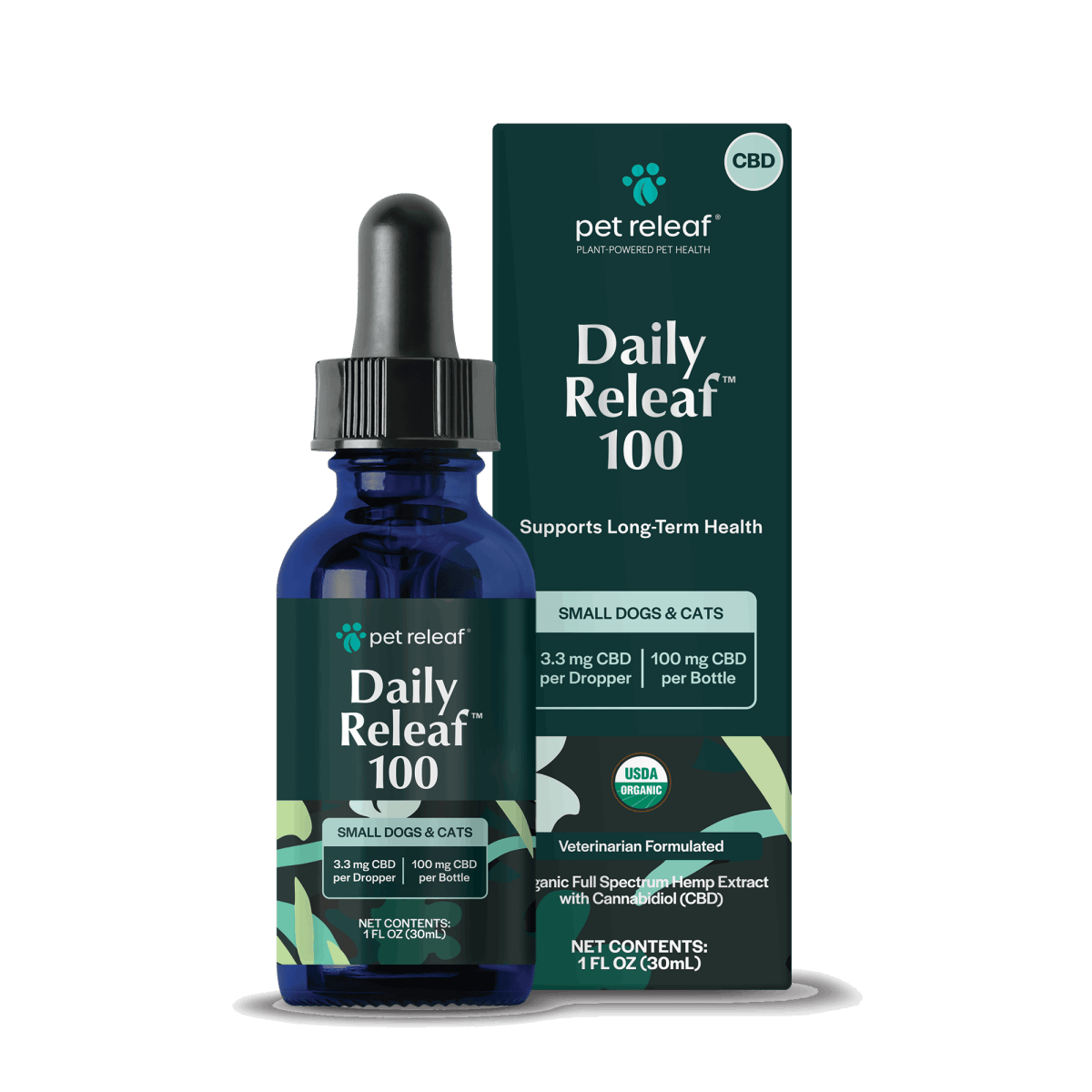 A bottle of Pet Releaf Daily Releaf 100 CBD oil for small dogs and cats with its product box.