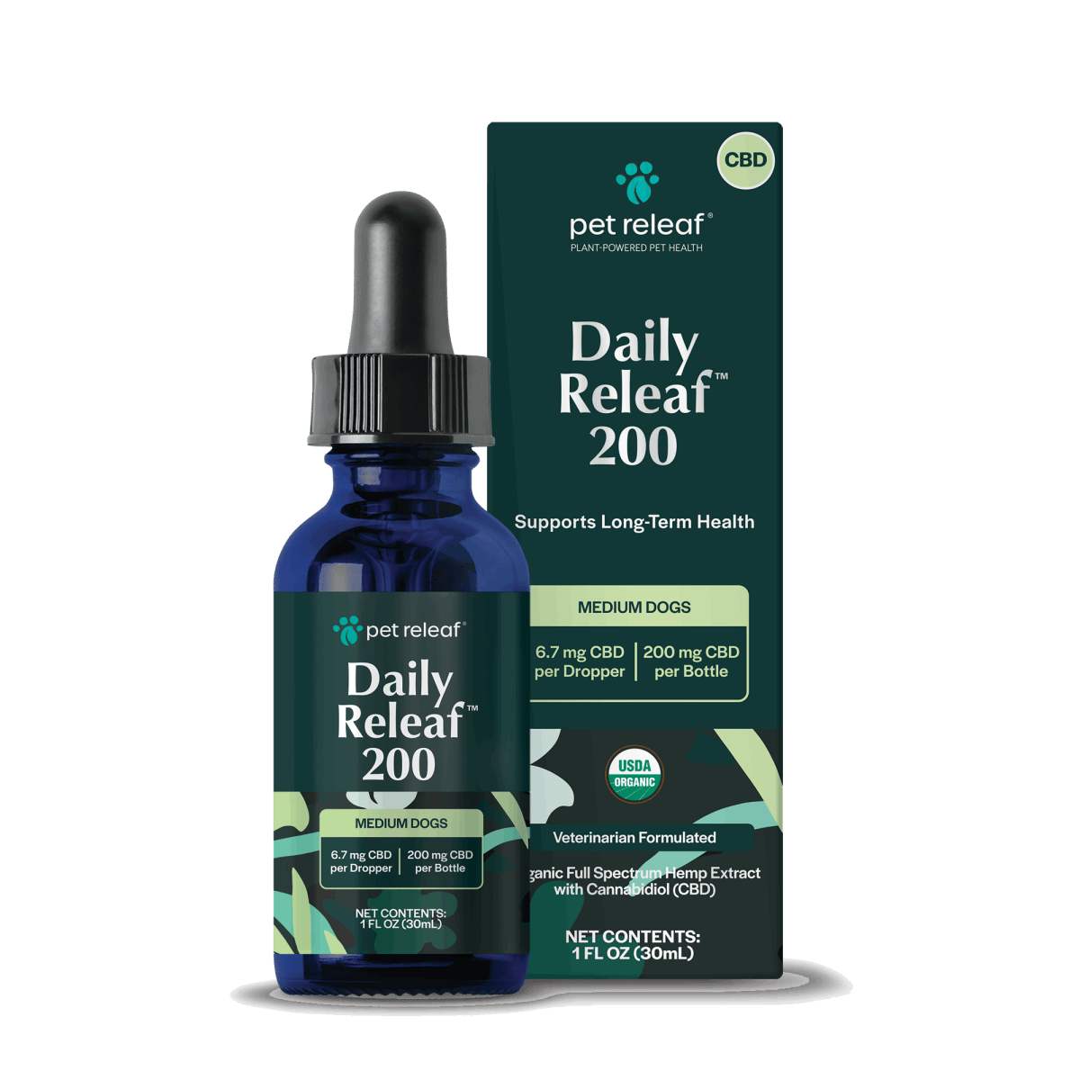 A bottle of Pet Releaf Daily Releaf 200 CBD oil for medium dogs next to its product box.