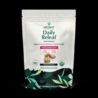 A bag of Pet Releaf Daily Releaf hemp edibites for small dogs in blueberry cranberry flavor.