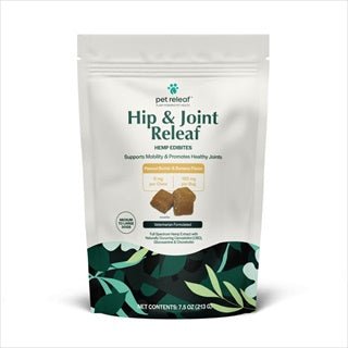 A bag of Pet Releaf Hip and Joint peanut butter and banana flavored hemp chews for dogs.