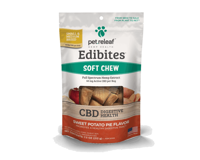 A bag of Pet Releaf Edibites CBD soft chews for dogs in sweet potato pie flavor.