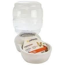 A Petmate Replendish water dispenser with a clear plastic bottle and a white base.