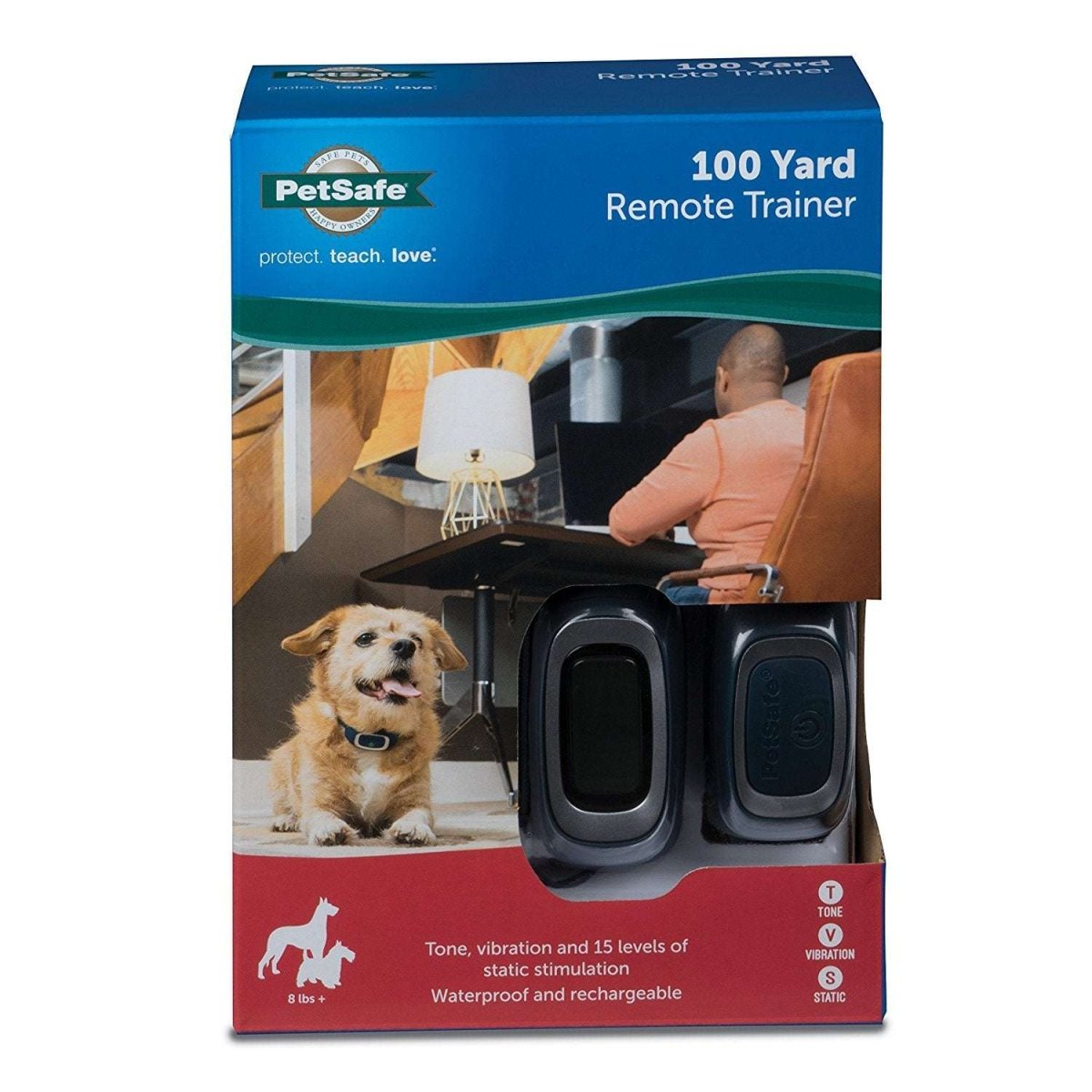 A PetSafe remote dog trainer kit in its retail packaging with a remote and collar.