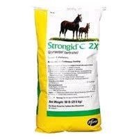 A fifty-pound bag of Pfizer Strongid C 2X daily horse dewormer featuring an image of two horses.