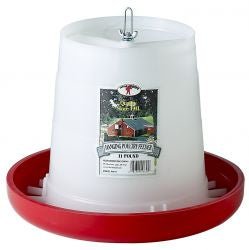 An 11-pound white plastic hanging poultry feeder with a red feed pan and metal hanging bracket.