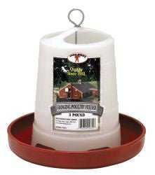 A white plastic hanging poultry feeder with a red base and a metal hanging loop.