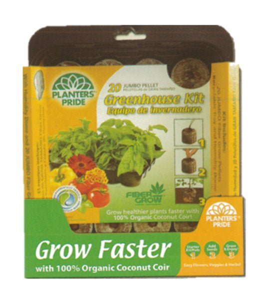 A Planters Pride greenhouse kit containing twenty jumbo coconut coir pellets, a tray, and a dome.