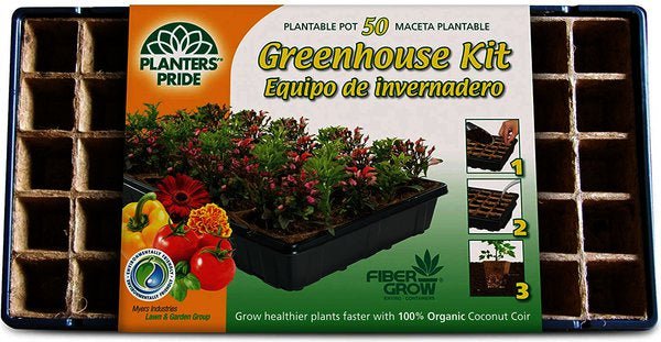 A PlantBest greenhouse kit featuring a black plastic tray with fifty plantable coconut coir pots.
