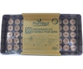 A PlantBest greenhouse kit featuring a black tray filled with 50 compressed fiber grow pellets.