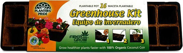 A Planters Pride greenhouse starter kit featuring sixteen plantable coconut coir pots.