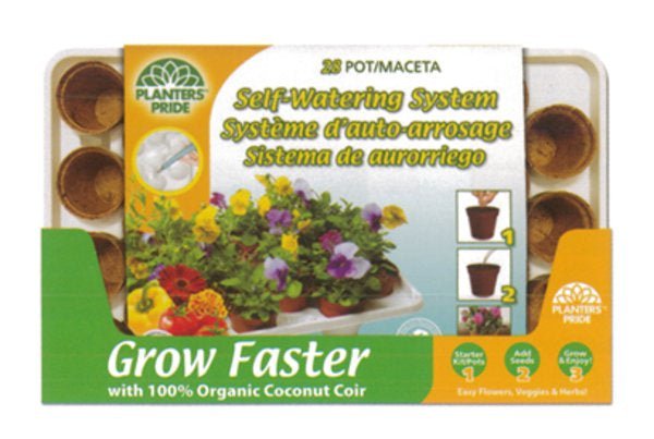 A Planters Pride self-watering greenhouse kit featuring twenty-eight organic coconut coir pots.