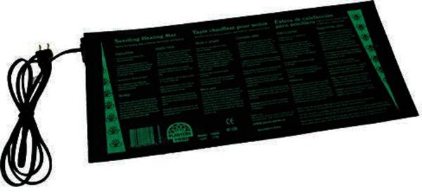 A black Planter's Pride seedling heating mat with a power cord attached.