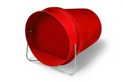 A red plastic 1.5-gallon bucket waterer with a metal handle and a gravity-feed design.
