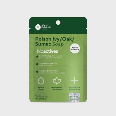 A green package of Marie Originals Poison Ivy, Oak, and Sumac soap.