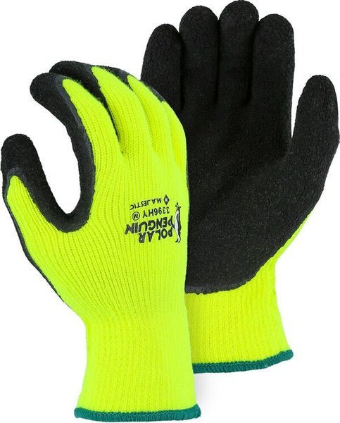 A pair of high-visibility yellow winter gloves with black foam latex palms.