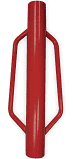 A red heavy-duty steel post driver with two side handles for manual installation.