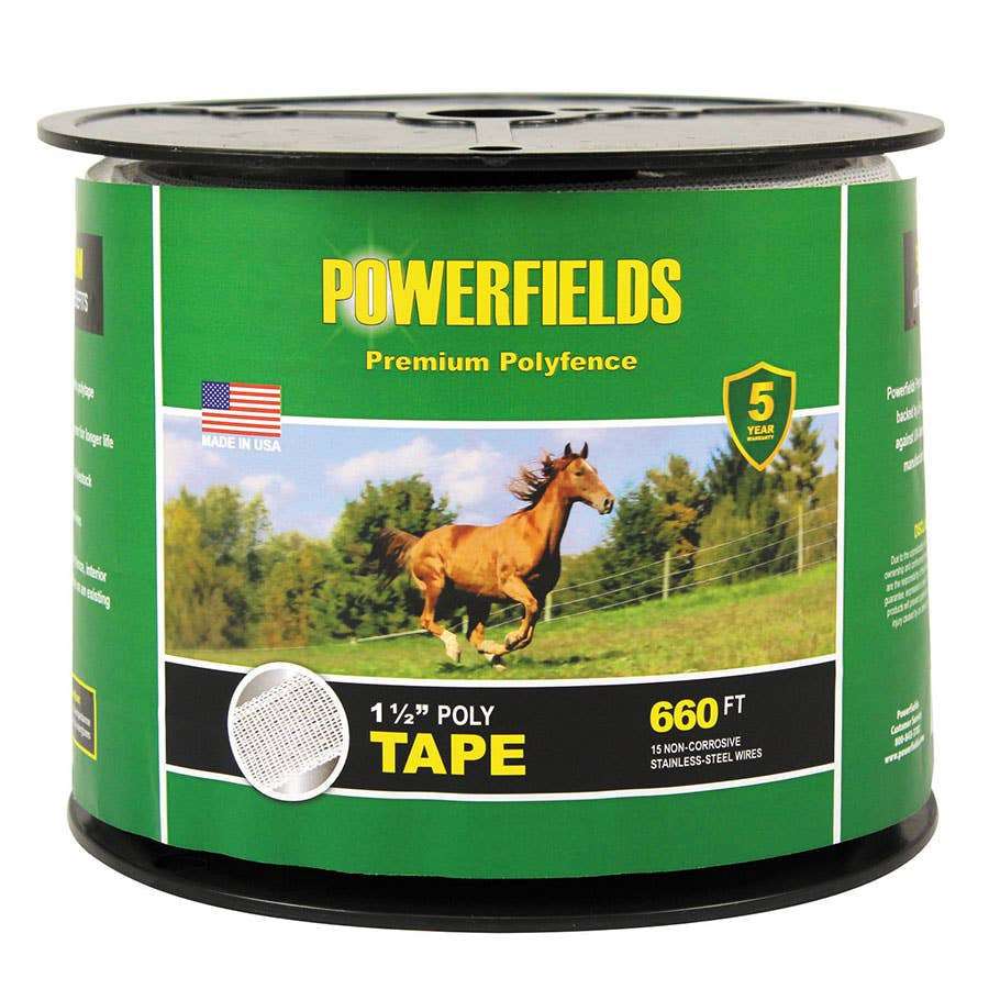 A spool of Powerfields 1.5-inch white polytape fencing for livestock.