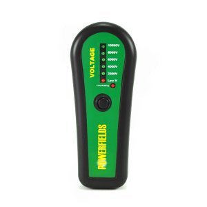 A Powerfields wireless electric fence voltage tester with a green face and five LED indicators.
