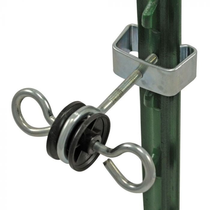 A metal double hook gate handle anchor attached to a green T-post with an insulated plastic spool.