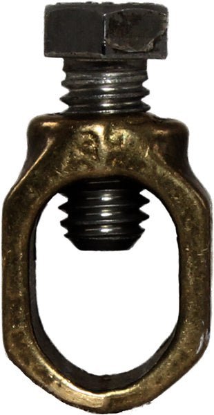 A 5/8-inch brass ground rod nut with a threaded bolt for securing ground wire.