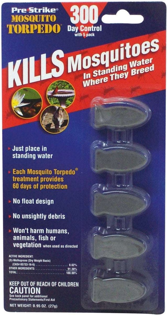 A package of five Pre-Strike Mosquito Torpedoes for controlling larvae in standing water.