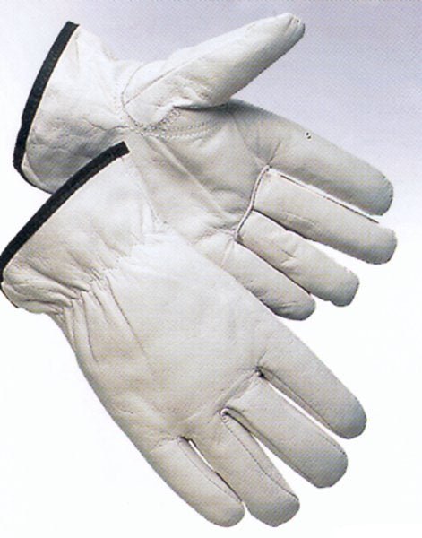 A pair of white grain goatskin driver gloves with fleece lining and shirred elastic wrists.